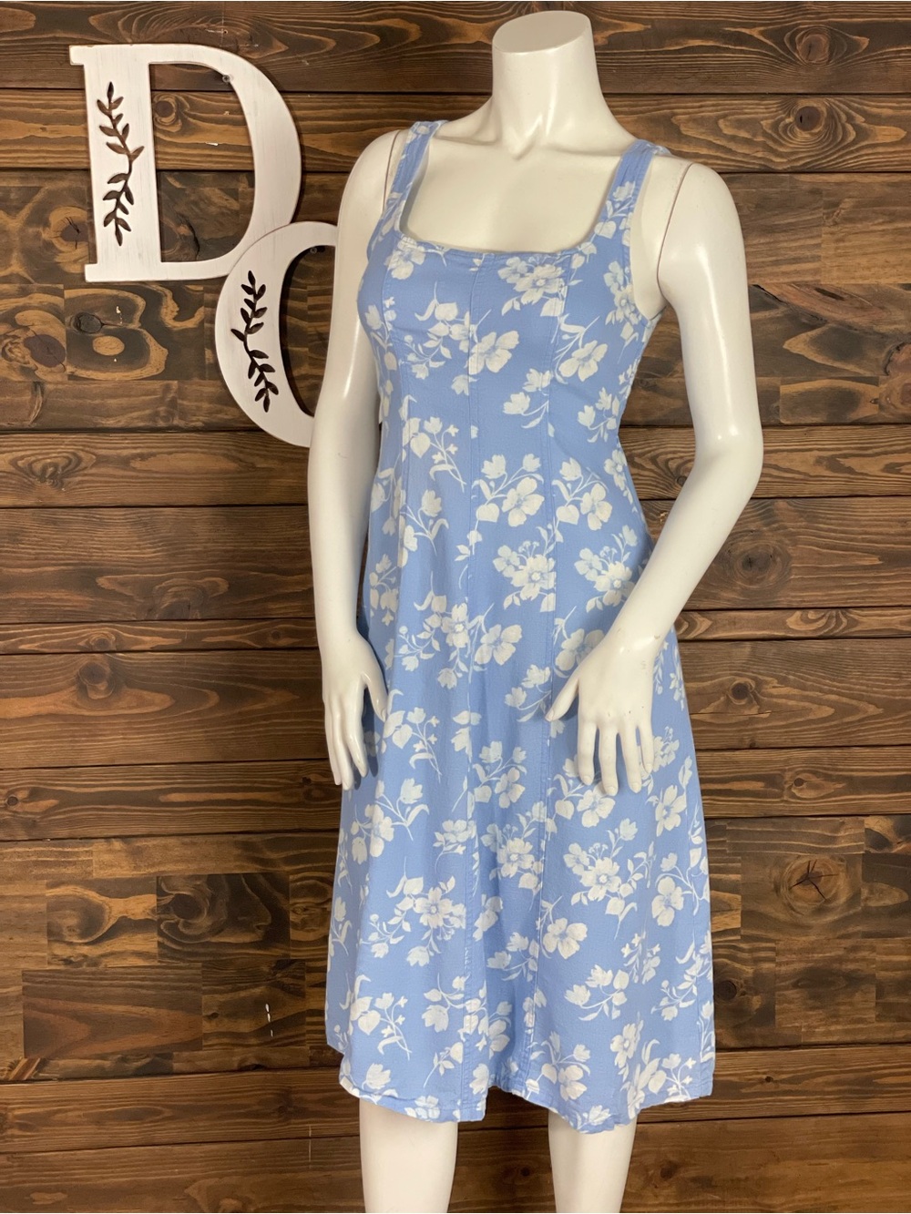 Old Navy Linen Blend Blue White Floral Midi Dress Smocked Denim Flare Square Nec